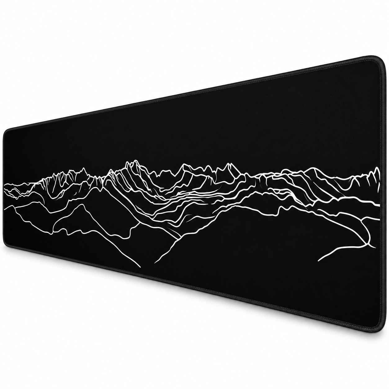 Angled view of the Dot2. Mountain mousepad, showing its black surface, white mountain line design and stitched edges.
